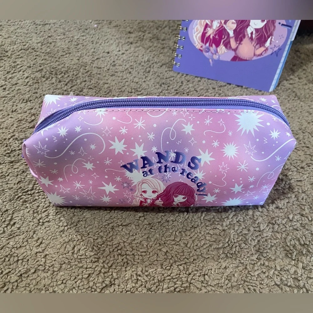 Primark Harry Potter Set Purple Chibi Wands At The Ready Pencil Case & Notebook